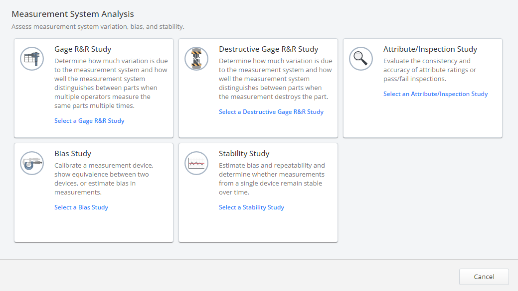 Das Messsystem-Analysemodul von Minitab mit Tools zur Bewertung von Variation, Bias und Stabilität.